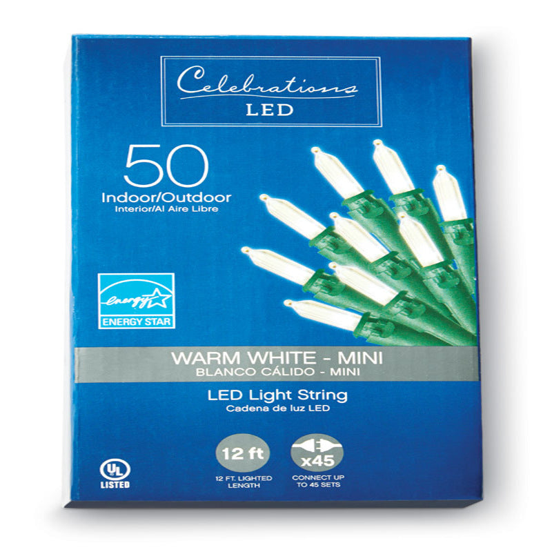 Celebrations, Celebrations Clear/Warm White Plug-In LED Mini Traditional 50-Bulb Christmas String Lights 12.25 ft.