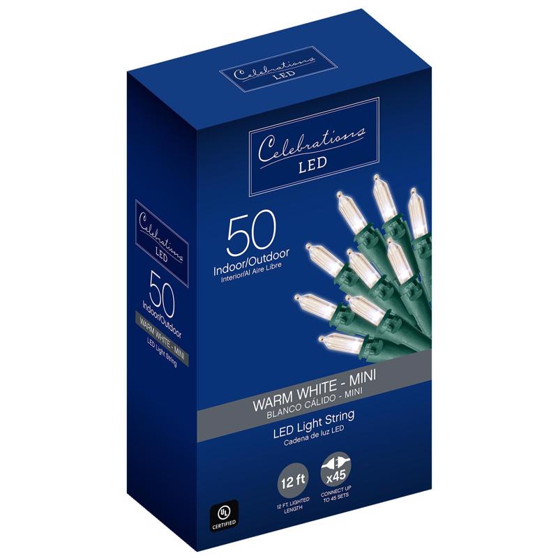 Celebrations, Celebrations Clear/Warm White Plug-In LED Mini Traditional 50-Bulb Christmas String Lights 12.25 ft.