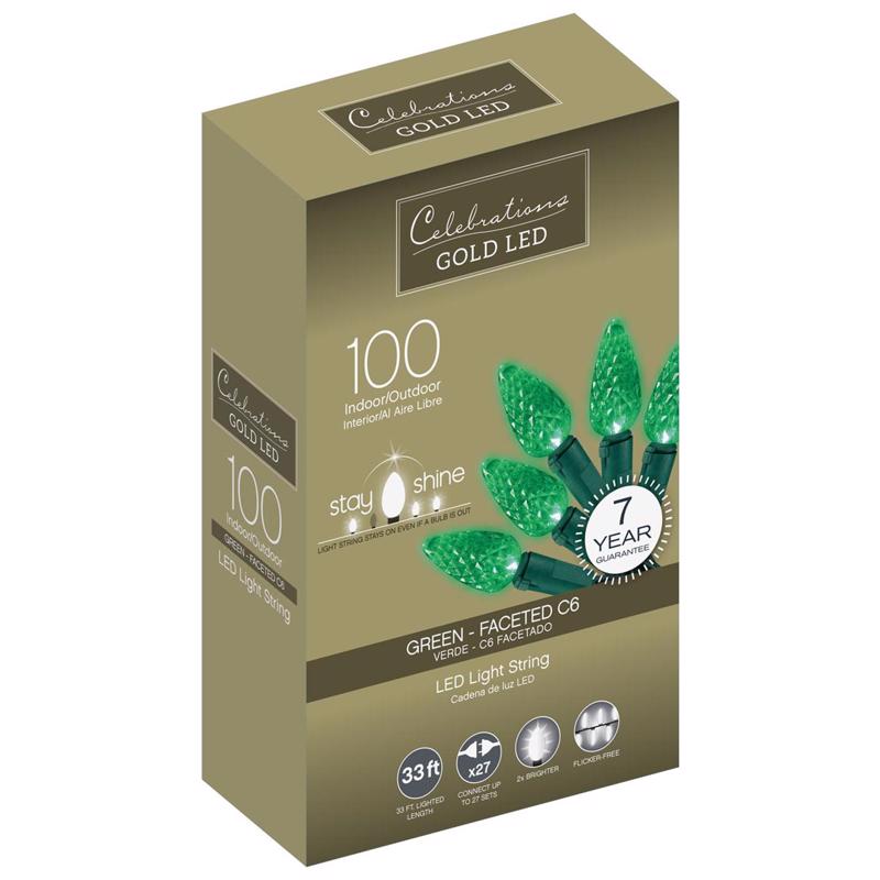 ACE TRADING - INLITEN 13, Celebrations Gold LED C6 Green 100 ct String Christmas Lights 33 ft.