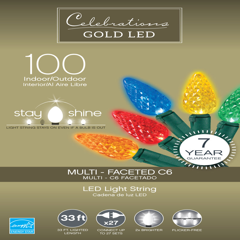 ACE TRADING - INLITEN 13, Celebrations Gold LED C6 Multicolored 100 ct String Christmas Lights 33 ft.