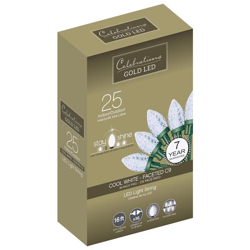 ACE TRADING - INLITEN 13, Celebrations Gold LED C9 Cool White 25 ct String Christmas Lights 16 ft.