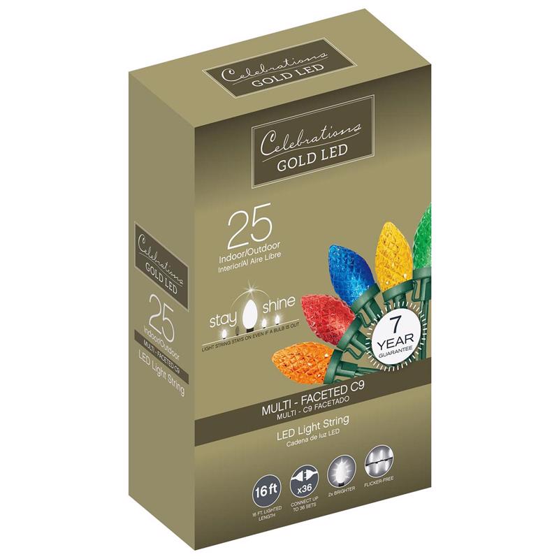 ACE TRADING - INLITEN 13, Celebrations Gold LED C9 Multicolored 25 ct String Christmas Lights 16 ft.