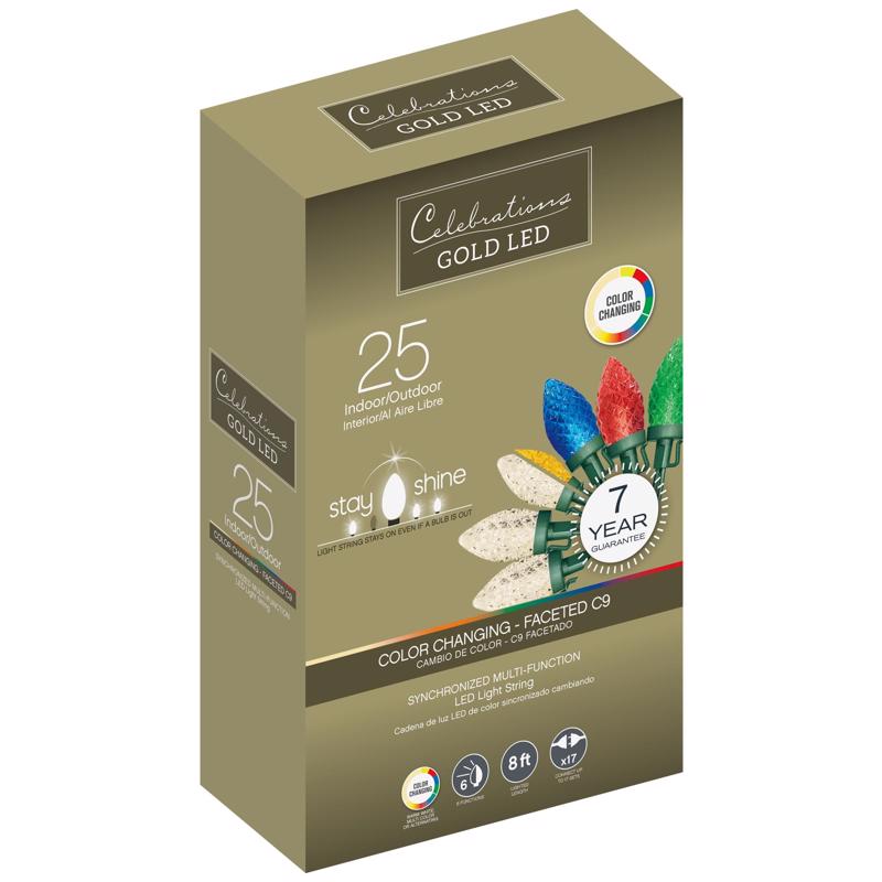 ACE TRADING - INLITEN 13, Celebrations Gold LED C9 Multicolored/Warm White 25 ct String Christmas Lights 8 ft.