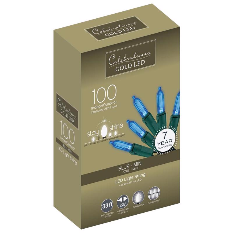 ACE TRADING - INLITEN 13, Celebrations Gold LED Mini Blue 100 ct String Christmas Lights 33 ft.