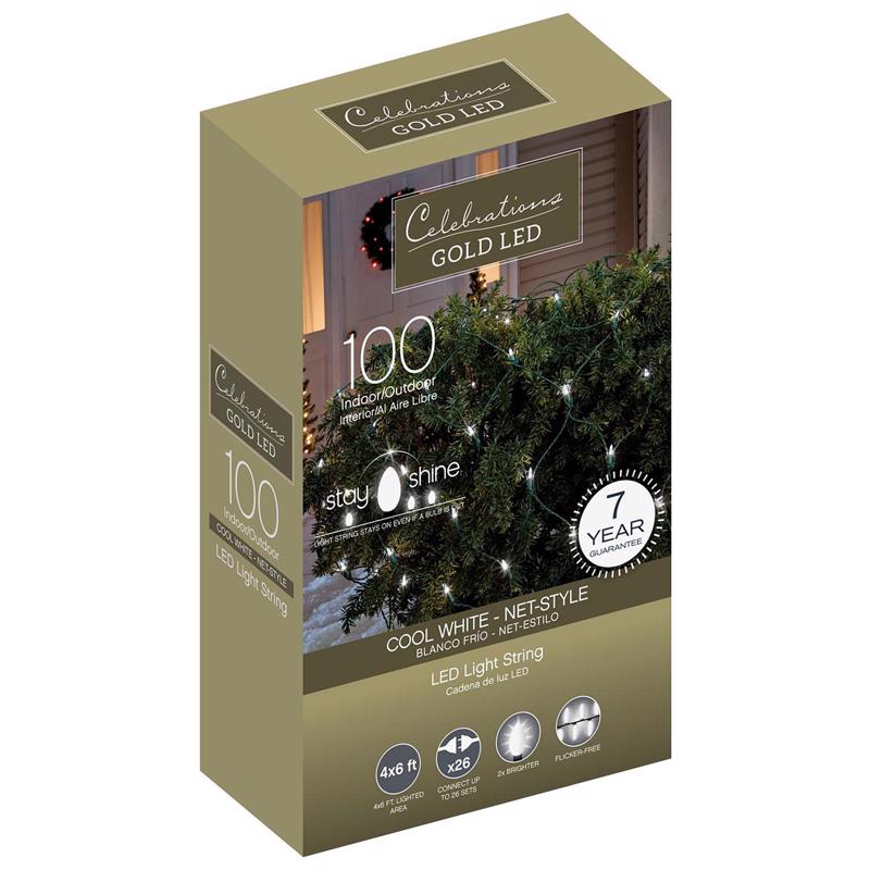 ACE TRADING - INLITEN 13, Celebrations Gold LED Mini Cool White 100 ct Net Christmas Lights 6 ft.