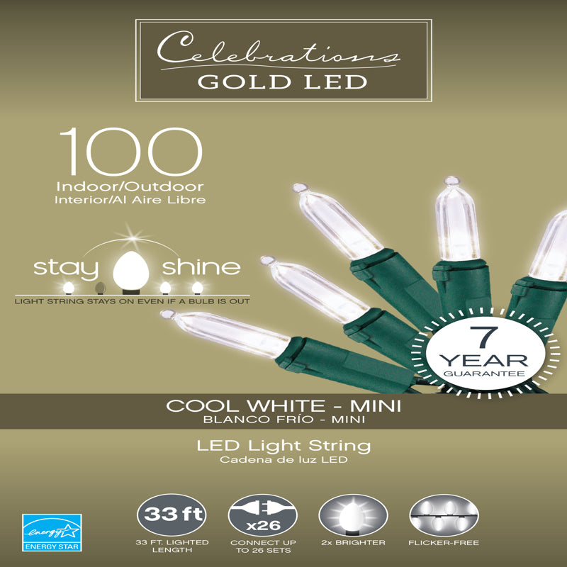 ACE TRADING - INLITEN 13, Celebrations Gold LED Mini Cool White 100 ct String Christmas Lights 33 ft.