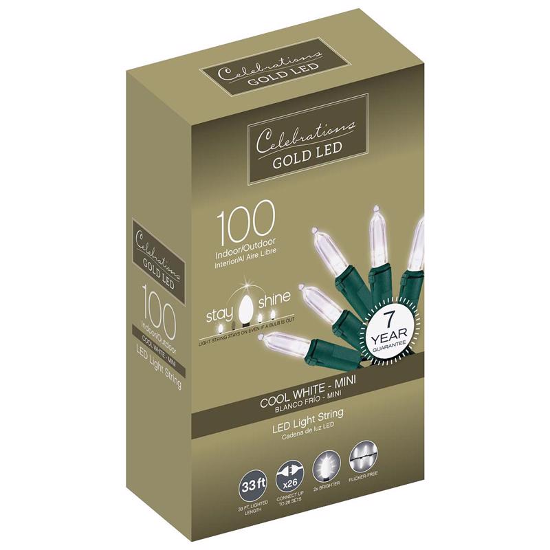 ACE TRADING - INLITEN 13, Celebrations Gold LED Mini Cool White 100 ct String Christmas Lights 33 ft.