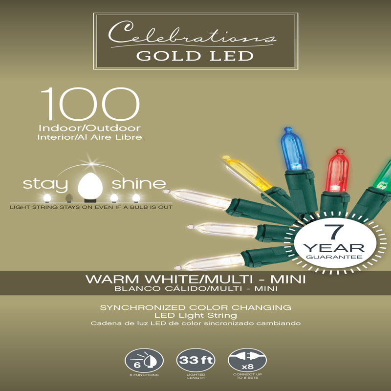 ACE TRADING - INLITEN 13, Celebrations Gold LED Mini Multicolored/Warm White 100 ct String Christmas Lights 33 ft.