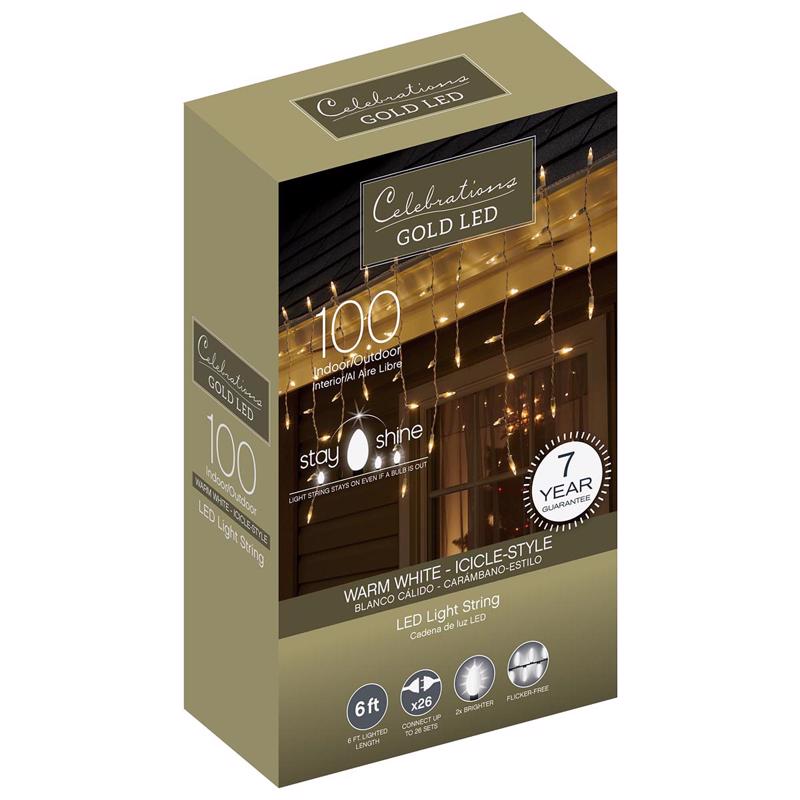 ACE TRADING - INLITEN 13, Celebrations Gold LED Mini Warm White 100 ct Icicle Christmas Lights 6 ft.