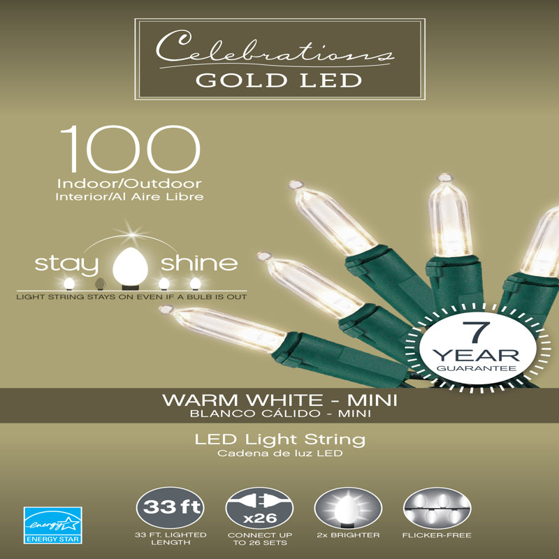 ACE TRADING - INLITEN 13, Celebrations Gold LED Mini Warm White 100 ct String Christmas Lights 33 ft.