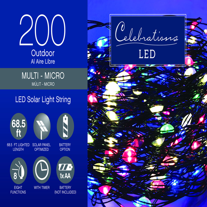 ACE TRADING - SMART SOLAR 7, Celebrations LED Micro Multicolored 200 ct String Christmas Light Bulbs 16.24 ft.