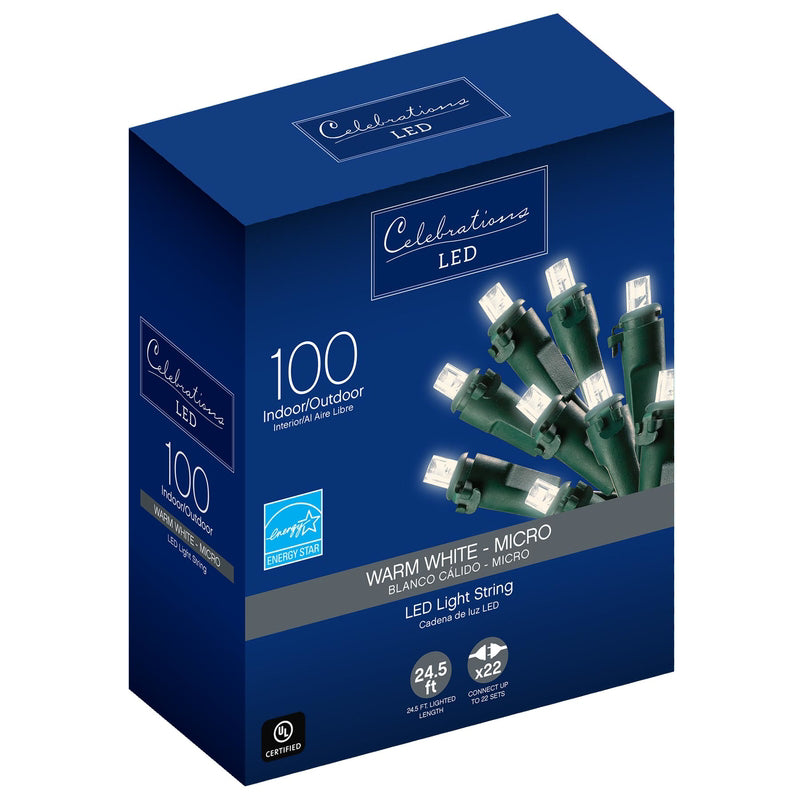 Celebrations, Celebrations LED Micro/5mm Warm White 100 ct String Christmas Lights 24.5 ft.