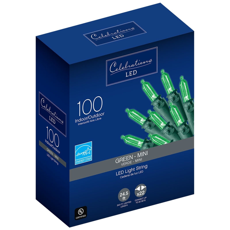 Celebrations, Celebrations LED Mini Green 100 ct String Christmas Lights 24.5 ft.