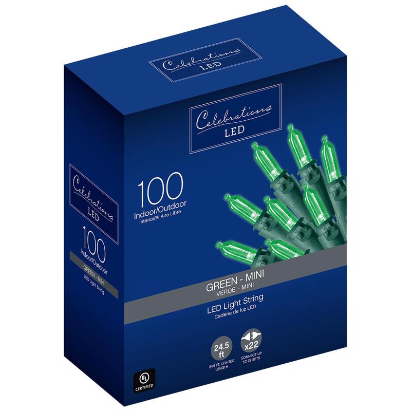 Celebrations, Celebrations LED Mini Green 100 ct String Christmas Lights 24.5 ft.