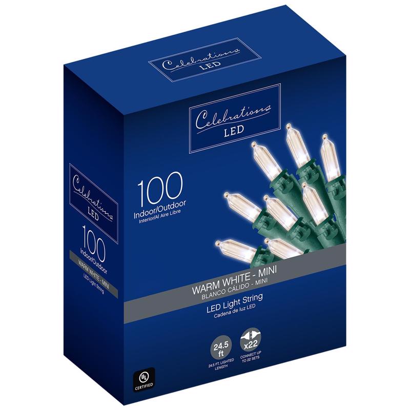 Celebrations, Celebrations LED Mini Warm White 100 ct String Christmas Lights 24.5 ft.