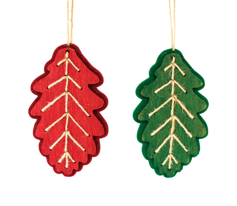 GREENFIELDS CHRISTMAS TREE MAN, Celebrations  Leaf with Jute  Christmas Ornaments  Red/Green  Wood  1 pk (Pack of 12)