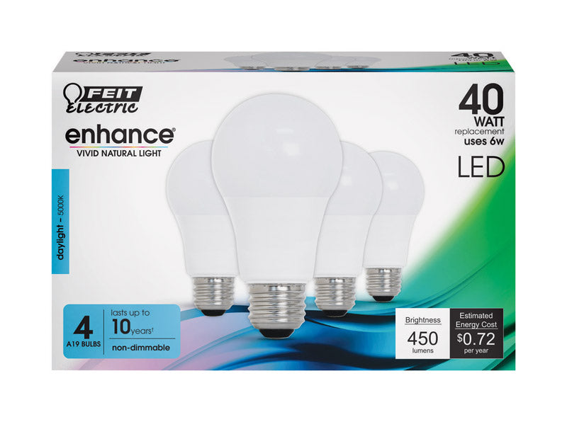 FEIT ELECTRIC CO, Feit Enhance A19 E26 (Medium) LED Bulb Daylight 40 Watt Equivalence 4 pk