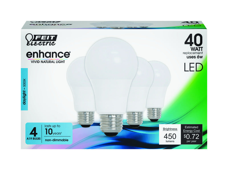 FEIT ELECTRIC CO, Feit Enhance A19 E26 (Medium) LED Bulb Daylight 40 Watt Equivalence 4 pk